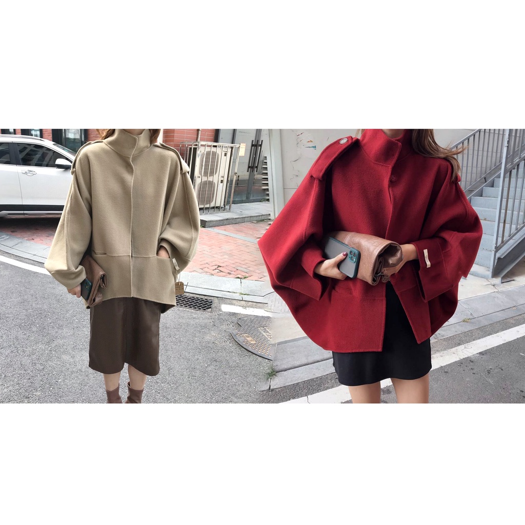 👗👗Áo khoác len cánh dơi cổ đứng dáng rộng màu trơn phong cách Retro Pháp