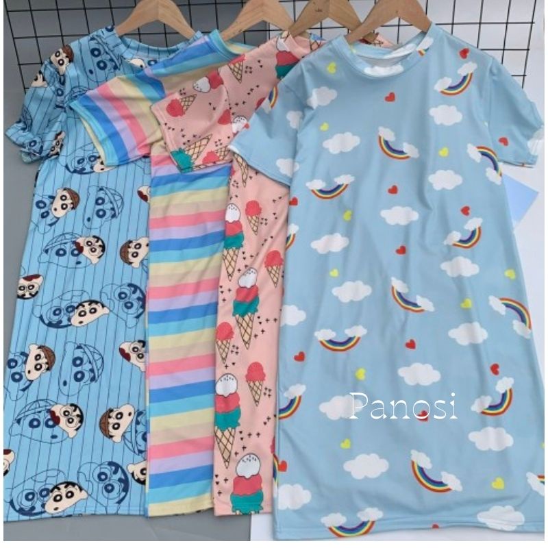 Váy nữ  dài dáng xuông cộc tay chất cotton thoáng mát in hình 3D dễ thương - V587