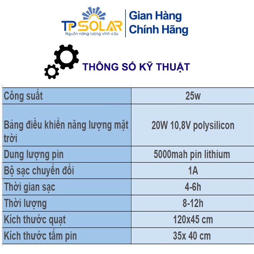 Quạt Năng Lượng Mặt Trời TP Solar TP-Q188 Công Suất 25W Tích Hợp Đèn Ngủ, Pin Chống Chai