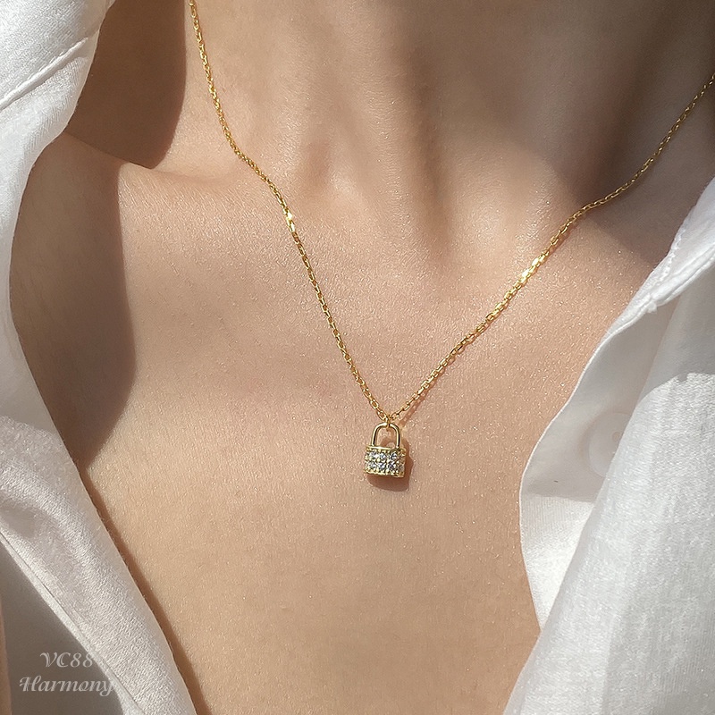 Dây chuyền bạc vòng cổ nữ  mạ vàng mặt khóa đính đá sang chảnh Secret Key | HARMONY ACCESSORIES VC88