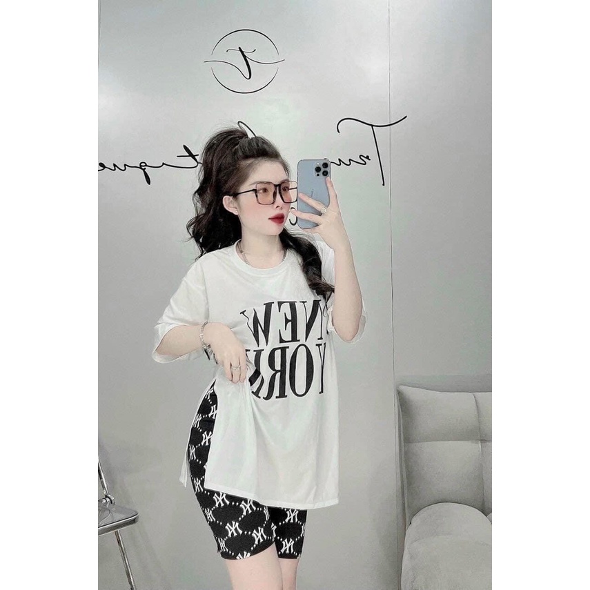 Set bô áo thun trắng in chữ New york xẻ tà, quần lửng ngố in chữ Ny, Set đồ lửng đi chơi, mặc nhà dễ thương, cá tính