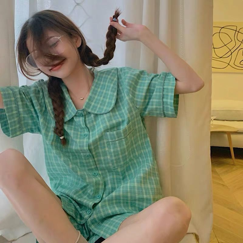 Bộ Đồ Ngủ Cotton Ngắn Tay Họa Tiết Ca Rô Phong Cách Hàn Quốc Thời Trang Cho Nữ