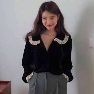 Áo sơ mi viền ren nhung phong cách Hàn