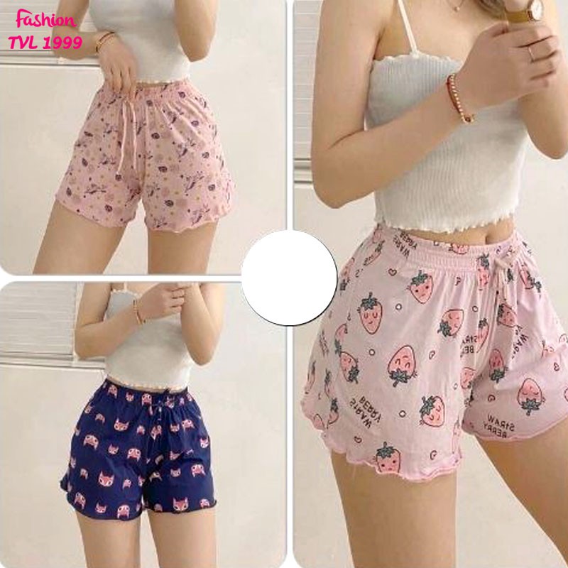 Quần đùi nữ mặc nhà TVL1999, quần shorts nữ mặc ngủ họa tiết dâu tây chất liệu cotton mát mẻ thấm hút mồ hôi