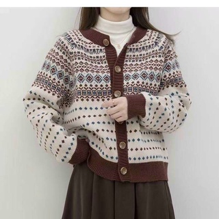 Áo khoác len cardigan thổ cẩm 2 màu nâu - be