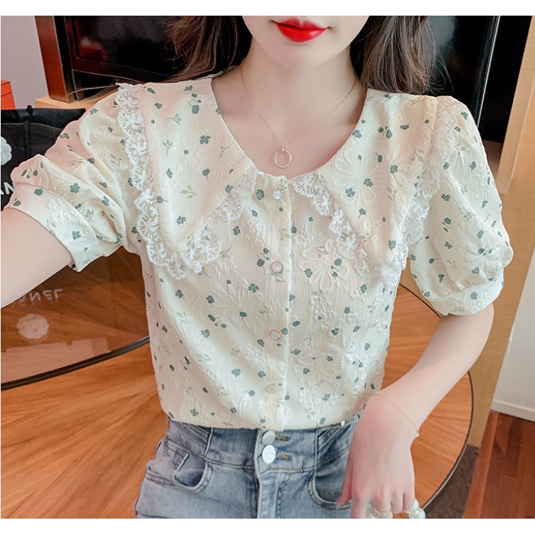 Áo Kiểu Tay Ngắn Phồng Cổ Búp Bê In Họa Tiết Hoa Thời Trang Mùa Hè Phong Cách Hàn Quốc Cho Nữ