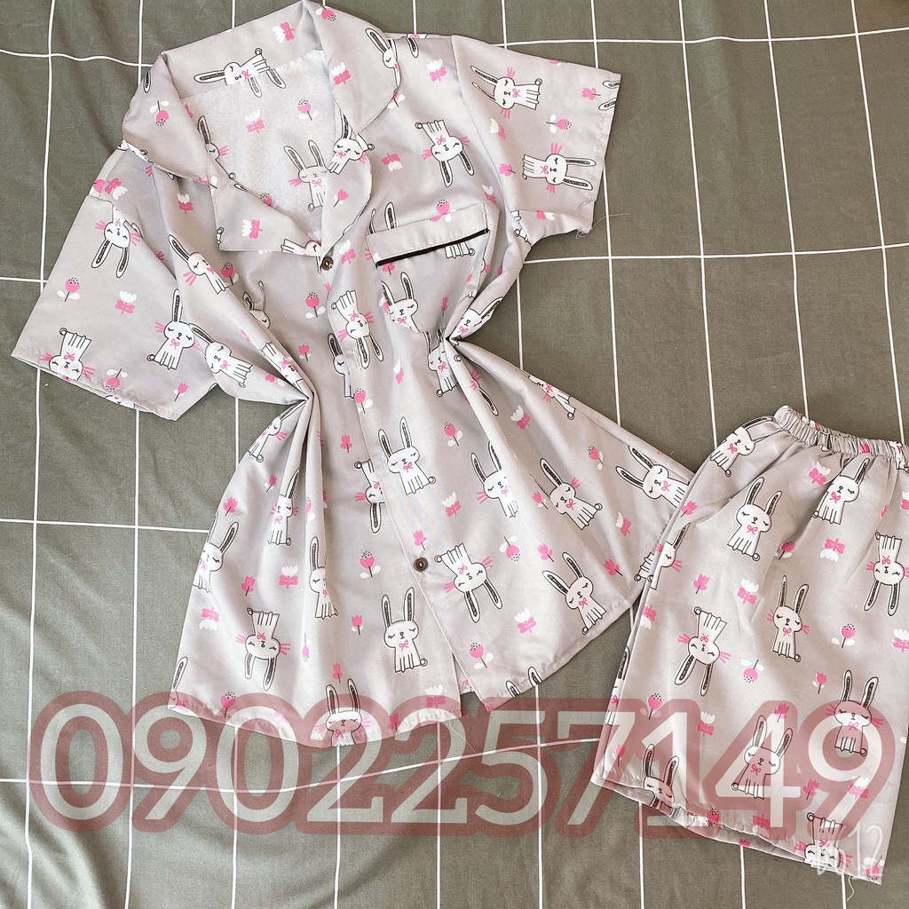 Bộ ngủ pijama lụa kate thái áo cộc quần đùi THỎ XÁM mền mại, sỉ 2x hàng  hè 2021, ẢNH THẬT 100%