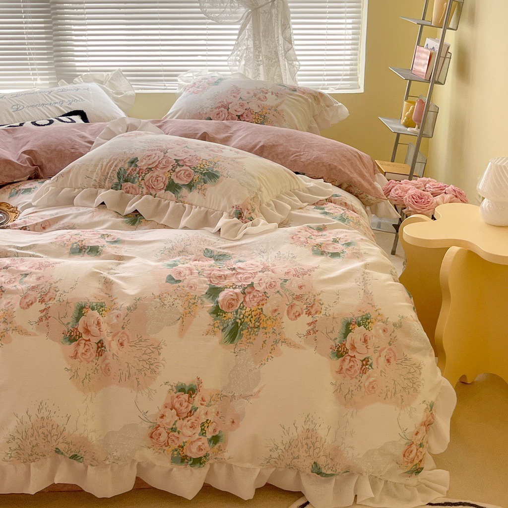 Chăn ga gối cotton 100% bèo ren hoa hồng công chúa.