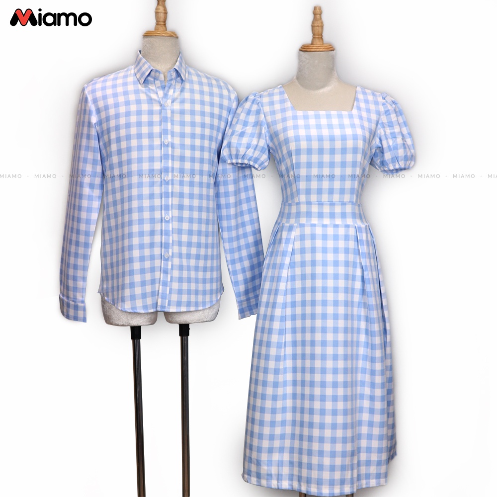 [Freeship] Set đồ đôi áo sơ mi nam đầm nữ caro xanh, dự tiệc, dạo phố thời trang Miamo TN437 (kèm ảnh thật)