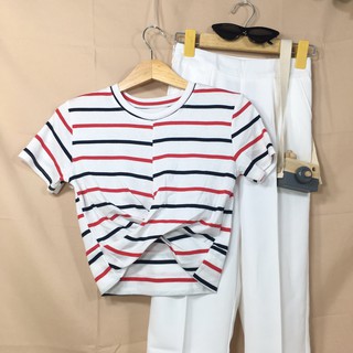 Áo croptop nữ cổ tròn xoắn eo kẻ sọc cá tính chất thun gân mềm mịn co giãn