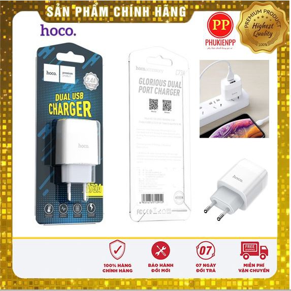 Cốc sạc, Củ Sạc Nhanh 2 Cổng 2.4A Hoco C73 - Tích hợp mạch cân bằng thông minh bảo vệ dòng điện