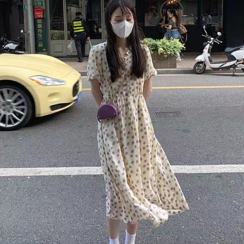 Đầm Hoa Ngắn Tay Thời Trang Xinh Xắn 168851 Đầm Chữ a Dài Qua Gối Cổ Chữ v Thanh Lịch Hợp Thời Trang