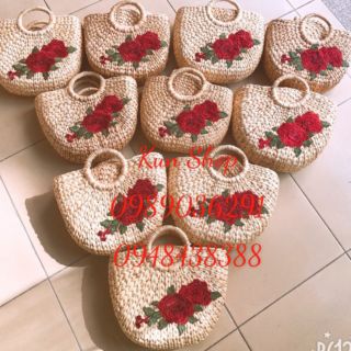 Túi cói bán nguyệt hoa hồng