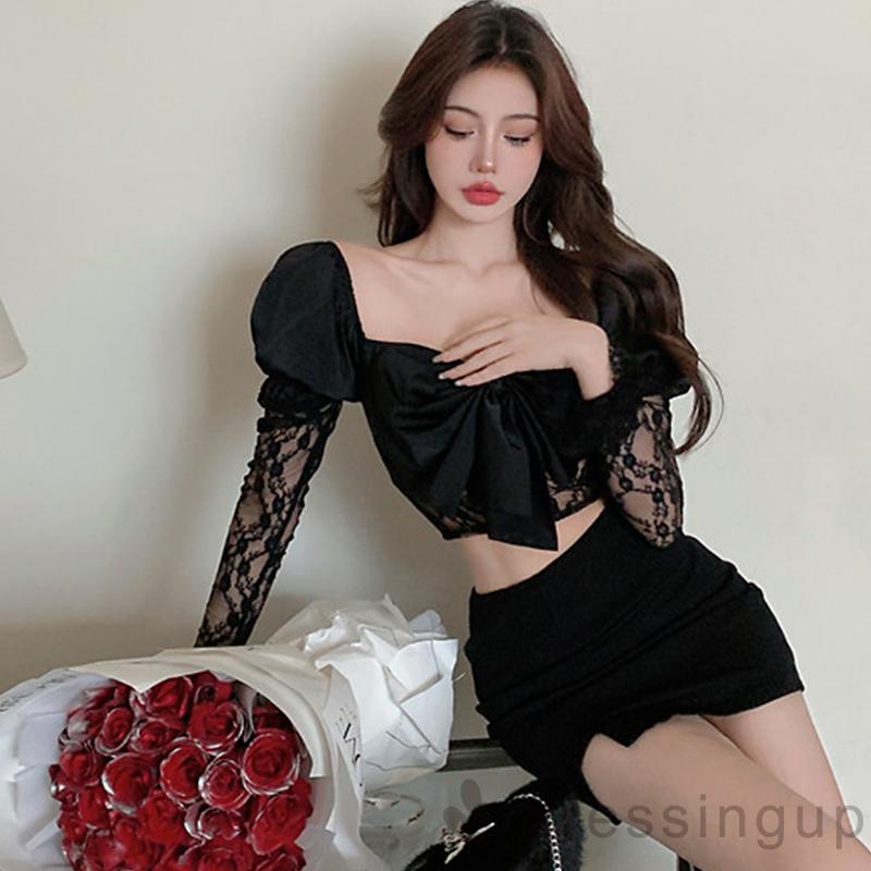 Áo Thun Trễ Vai Tay Phồng Dáng Ôm Phối Ren Thời Trang Cho Nữ