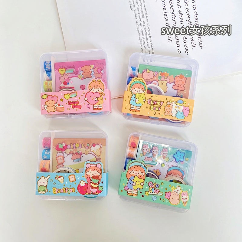 🌸Sticker hộp kèm note washi xinh xắn trang trí sổ 3in1🌸