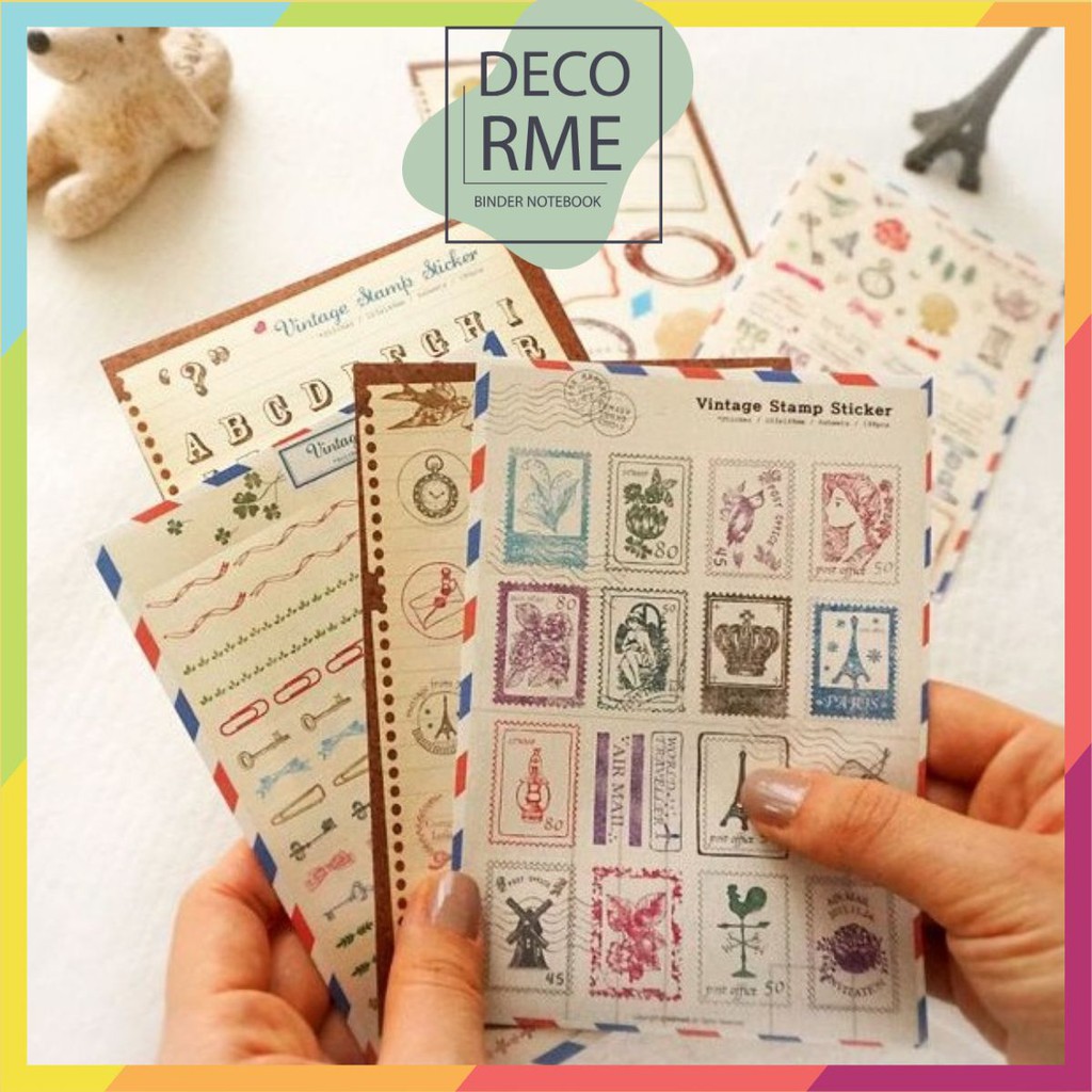 Decorme Sticker vintage stamp phong cách cổ điển trang trí sổ tay, bullet journal set 6 tấm