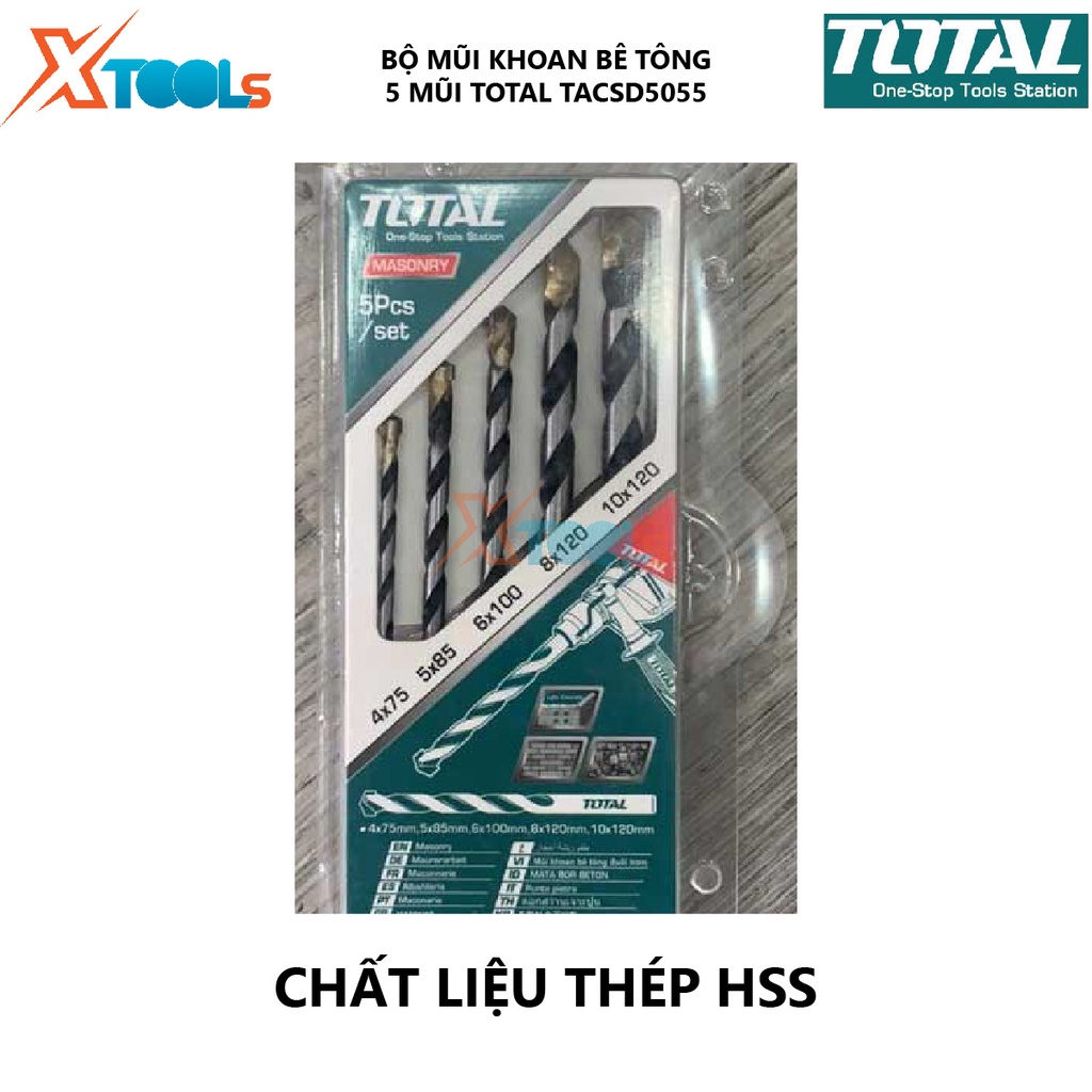 Bộ 5 mũi khoan bê tông TOTAL TACSD5055 combo 5 mũi đục bê tông Gồm 5 kích thước giúp hỗ trợ khoét lỗ trên bề mặt vật liệ