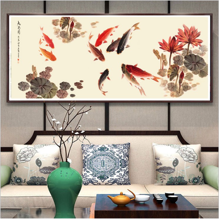 (HÀNG ODER) Tranh thêu chữ thập chưa thêu Cửu Ngư Phát Tài MDW0590