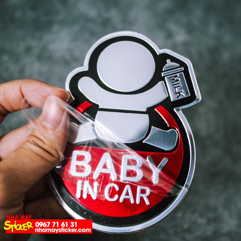 Sticker hình dán metal Baby in car - Màu đỏ- STICKER FACTORY