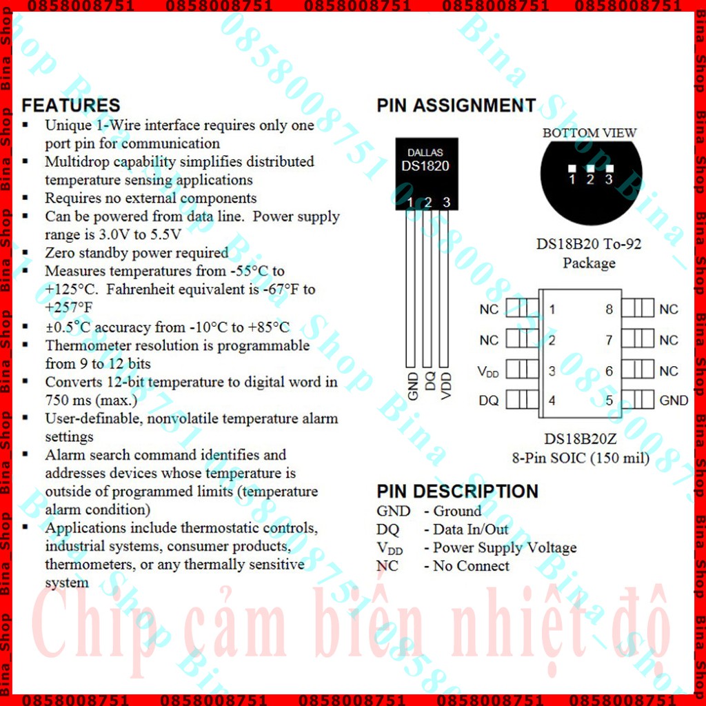 Chip cảm biến nhiệt độ Dallas 18B20