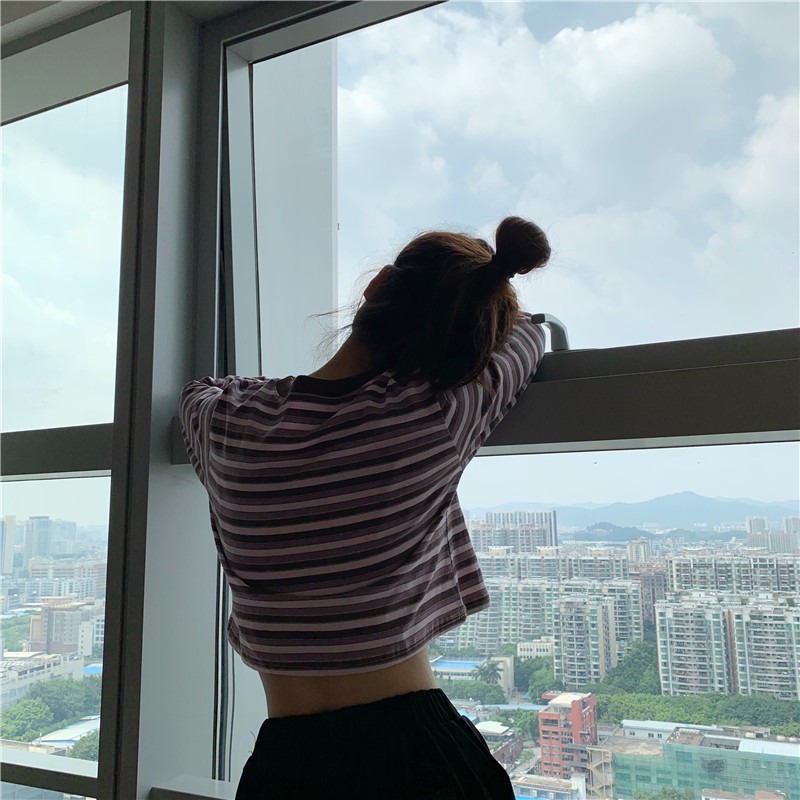 2020 new small retro hot girl short stripe T-shirt long sleeve top bottom | BigBuy360 - bigbuy360.vn