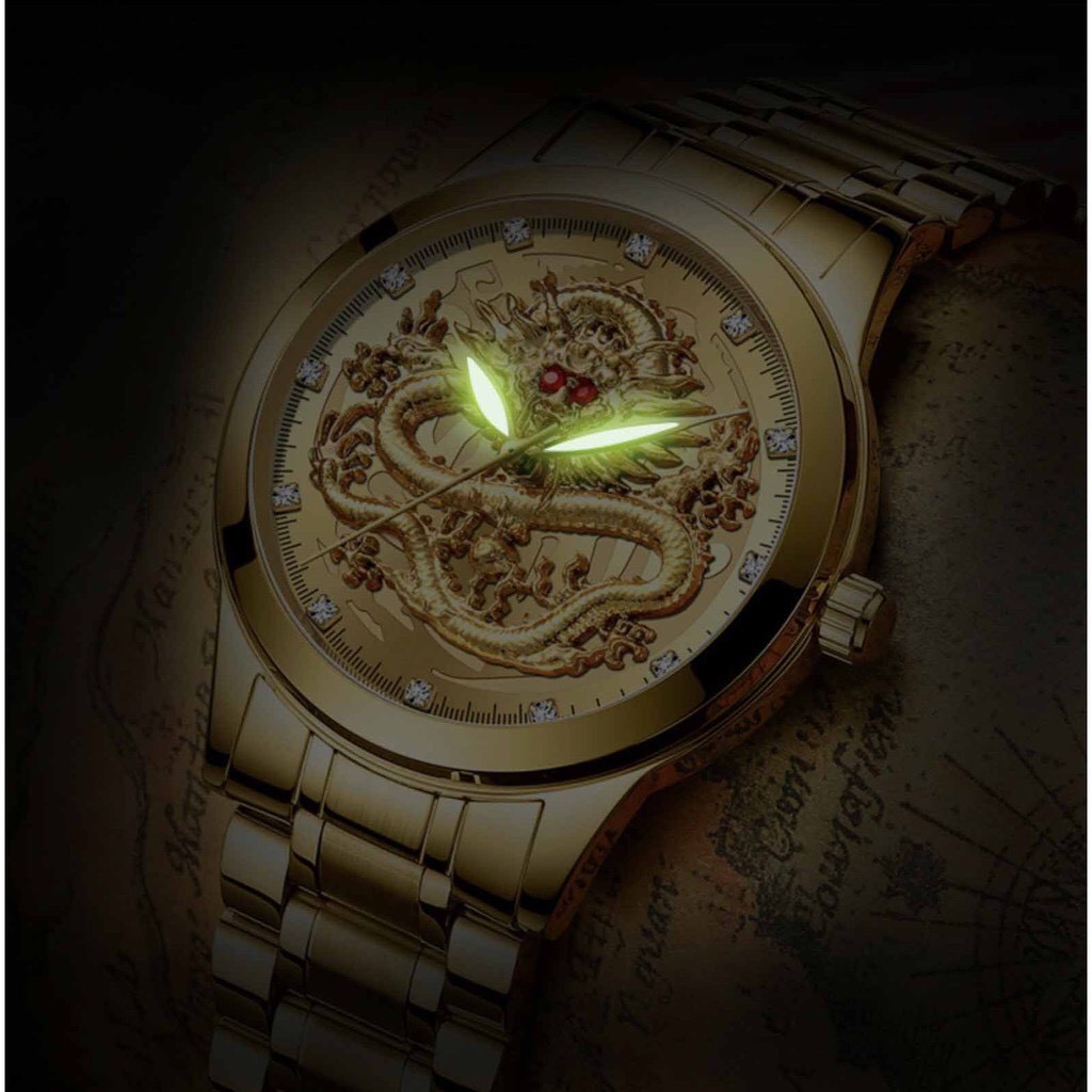 Đồng hồ nam FNGEEN R3 chính hãng mặt tròn hình rồng 3D dây thép không gỉ mạ vàng cực đẹp