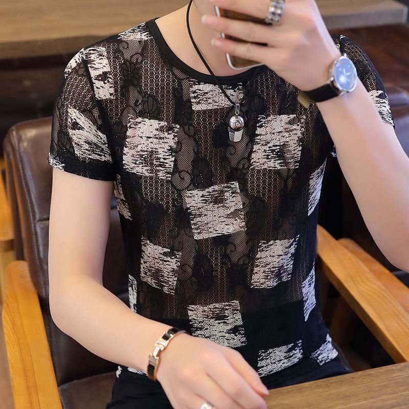 Áo Thun Ngắn Tay Vải Lụa Mát Phối Lưới Thời Trang Xu Hướng Cho Nam