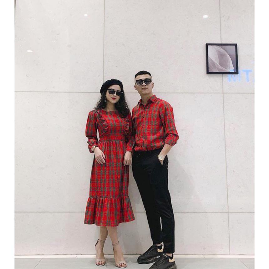 Áo đôi nam nữ 💖𝑭𝑹𝑬𝑬𝑺𝑯𝑰𝑷💖 Áo cặp váy sơ mi thời trang couple hàn quốc sọc kẻ caro màu đỏ đuôi cá đẹp AV34 .