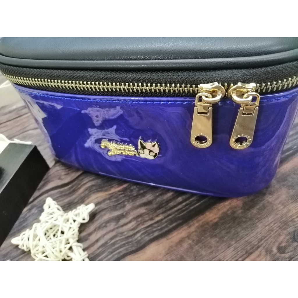 Hộp đựng mỹ phẩm có kính màu xanh dương đậm PU #RebeccaBonbon chú cún Nhật Bản