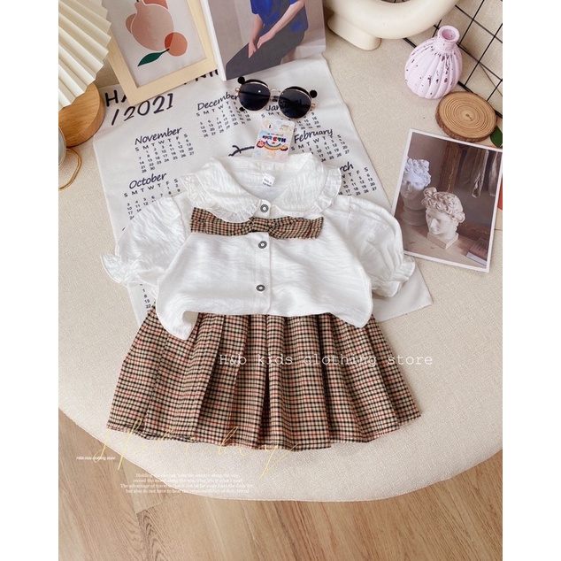 (jean baby)sét bộ áo sơ mi phối chân váy kẻ xếp ly cho bé gái (8-20kg)