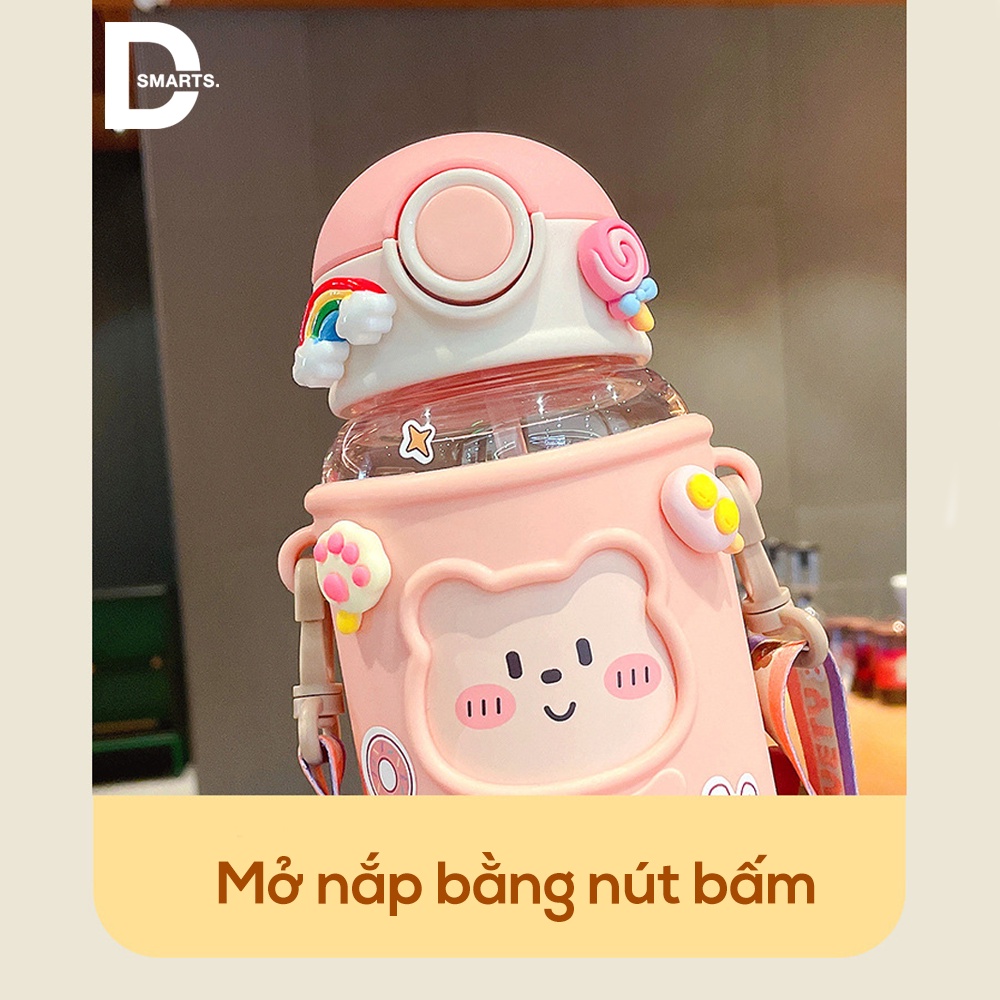 Bình nước cute, bình nước cho bé có quai đeo nắp bật ống hút mềm mại dung tích 620ml - Tặng kèm sticker cực cute