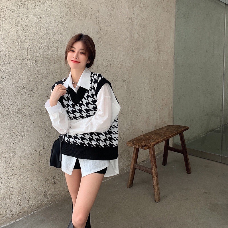 Áo Gile Nữ kẻ sọc Caro phong cách Ulzzang retro vintge