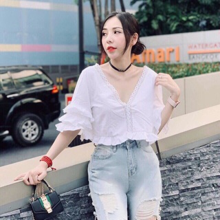 💋áo kiểu cổ v trắng phối ren