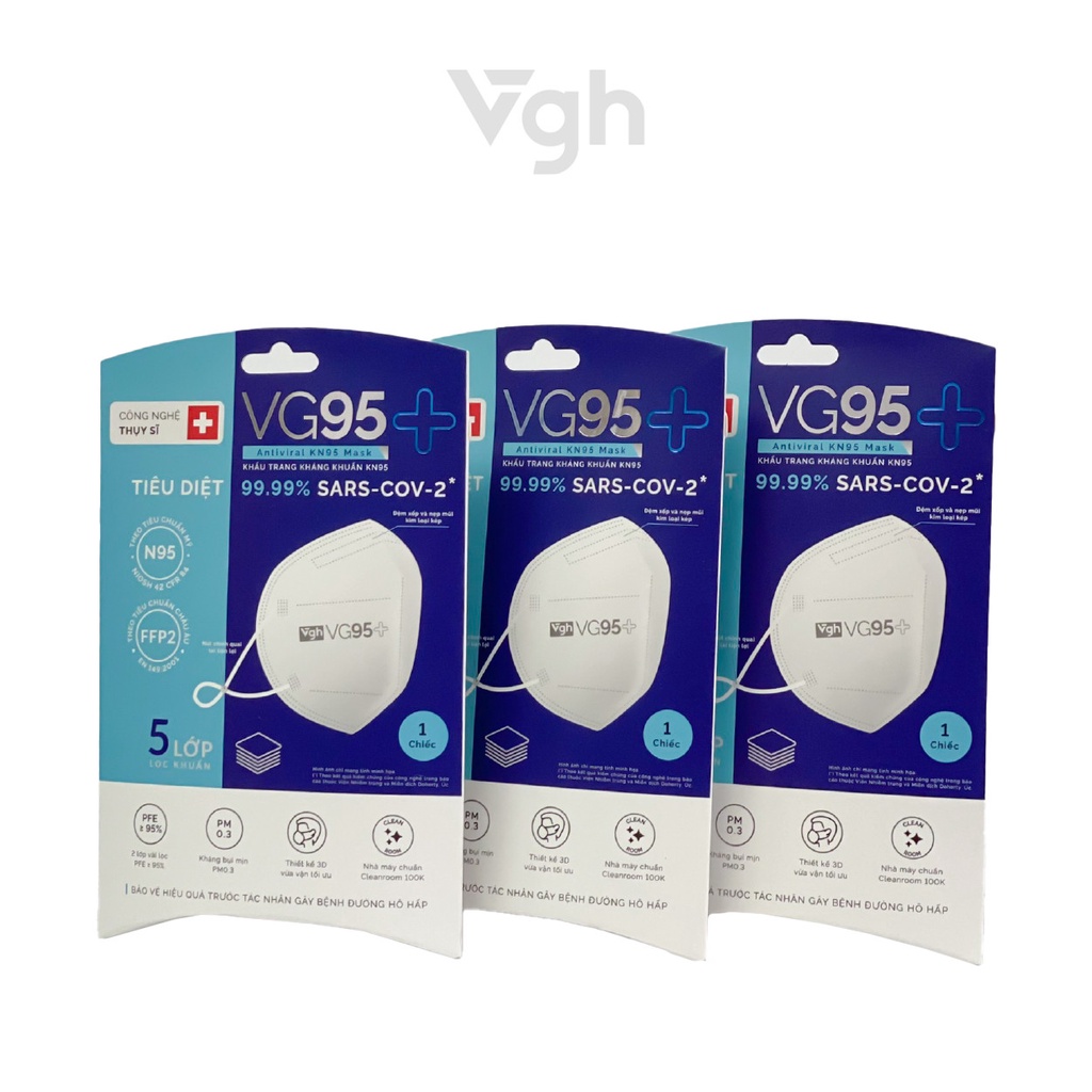 Hộp khẩu trang VG95+ thiết kế 3D tiêu chuẩn KN95 công nghệ Thụy Sĩ diệt khuẩn - Chính hãng VG Healthcare - Hộp 20 chiếc