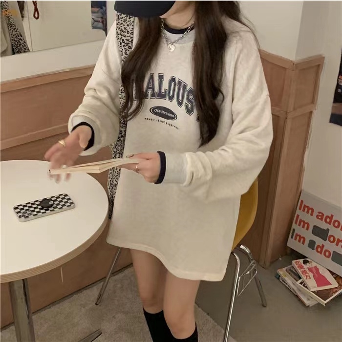 ZHELIHANGFEI Áo Thun Tay Dài Họa Tiết In Theo Phong Cách Retro Mỹ Dễ Phối Đồ