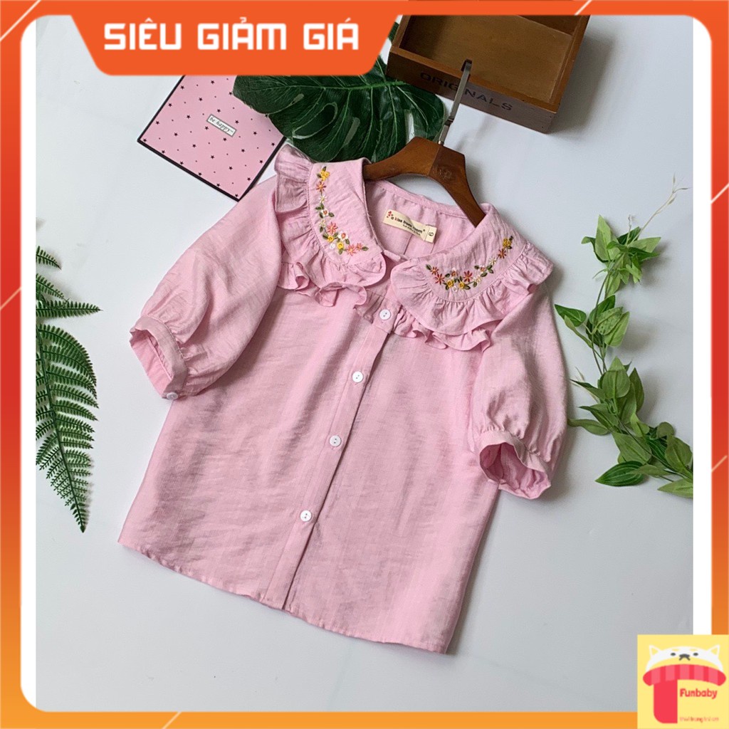 Áo sơ mi cộc tay bé gái 6-12 tuổi thêu hoa, Sơ mi trắng cho bé vải thô đũi mềm mát