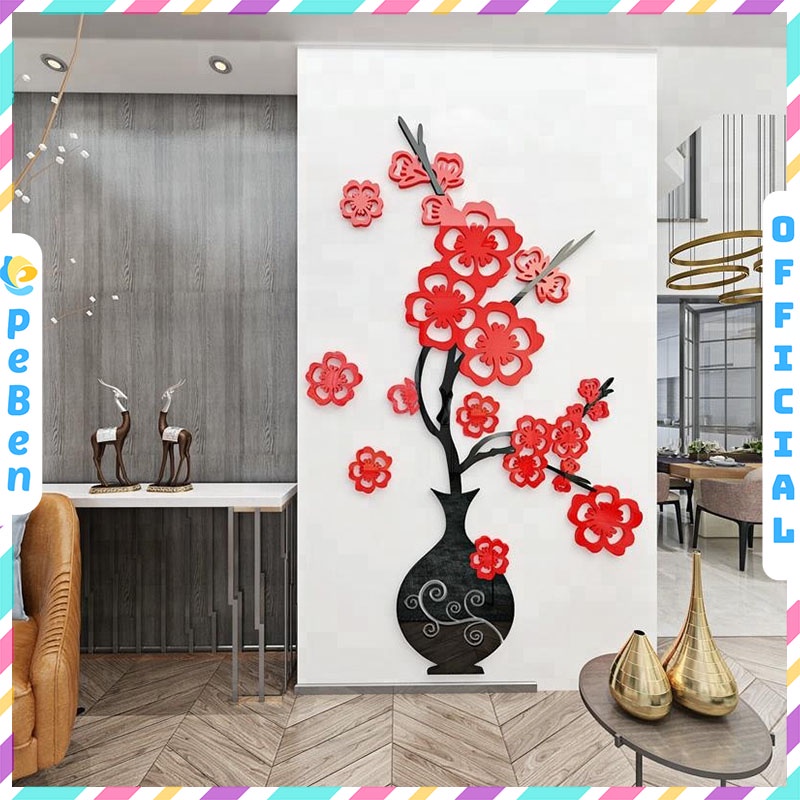 Tranh trang trí tết 2023 bình hoa nở rực rỡ tranh dán tường mica 3d decor khổ lớn trang trí phòng khách, phòng ngủ