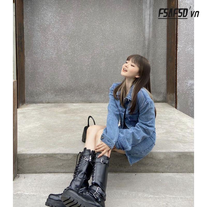 Set Áo Khoác Denim Dáng Ngắn Phối Chân Váy Lưng Cao Có Khóa Kéo Thời Trang Mùa Thu Cá Tính Cho Nữ