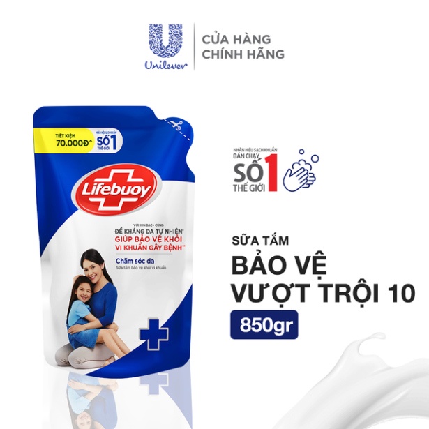 Sữa tắm Lifebuoy túi 850g dưỡng ẩm mềm mịn giúp bảo vệ khỏi 99.9% vi khuẩn và ngăn ngừa vi khuẩn lây lan trên da