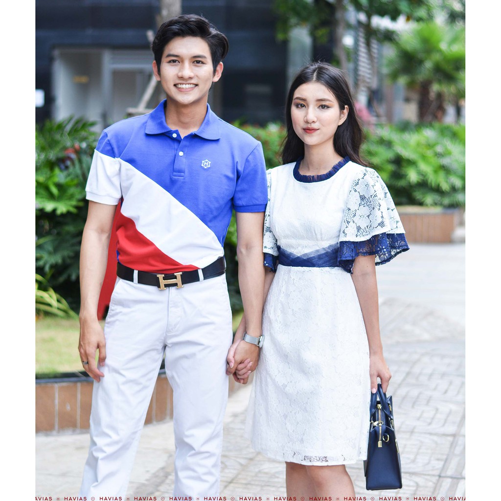 Đồ đôi Đầm Thun Navy White Red Polo &amp; Classy Pleated Lace Dress HAVIAS