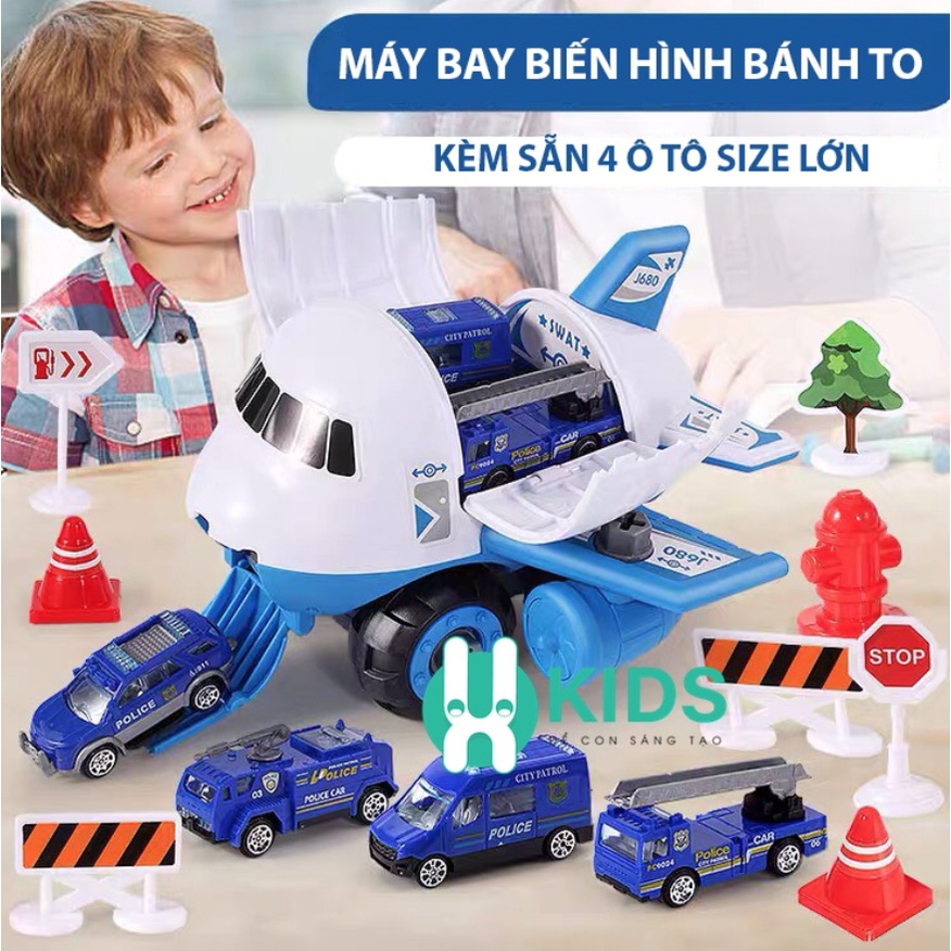 Đồ chơi Máy Bay Biến Hình Phát Nhạc Kèm nhiều ô tô cảnh sát, cứu hoả siêu đẹp kích cỡ  lớn cho trẻ em