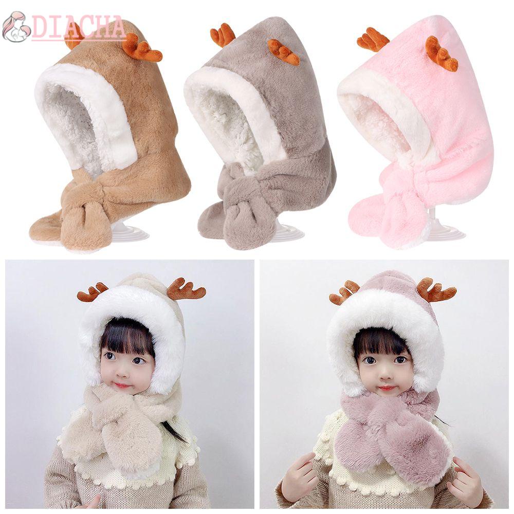 Mũ đội đầu che phủ tai tích hợp khăn choàng cổ bằng vải lót lông phối sừng hươu nhiều màu sắc tùy chọn giữ ấm cho bé
