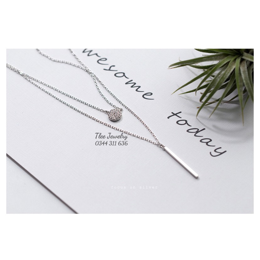 Dây chuyền bạc nữ TLEE dây kép thanh bạc mặt tròn đính đá TleeJewelry D0219
