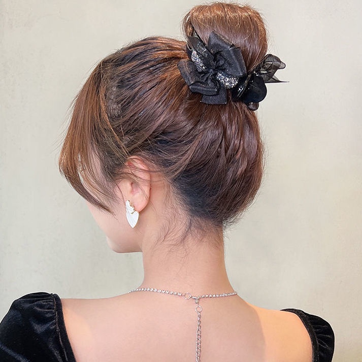 Kẹp Tóc Nơ Lưới Màu Đen Đính Đá Xinh Xắn