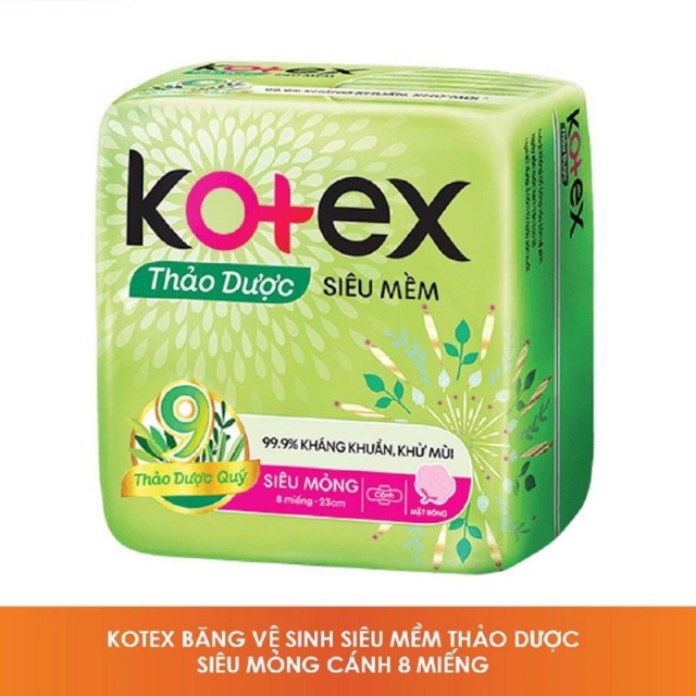 Băng Vệ Sinh Ngày Kotex Thảo Dược Siêu Mềm Siêu Mỏng Cánh Mặt Bông 23cm (8 Miếng)