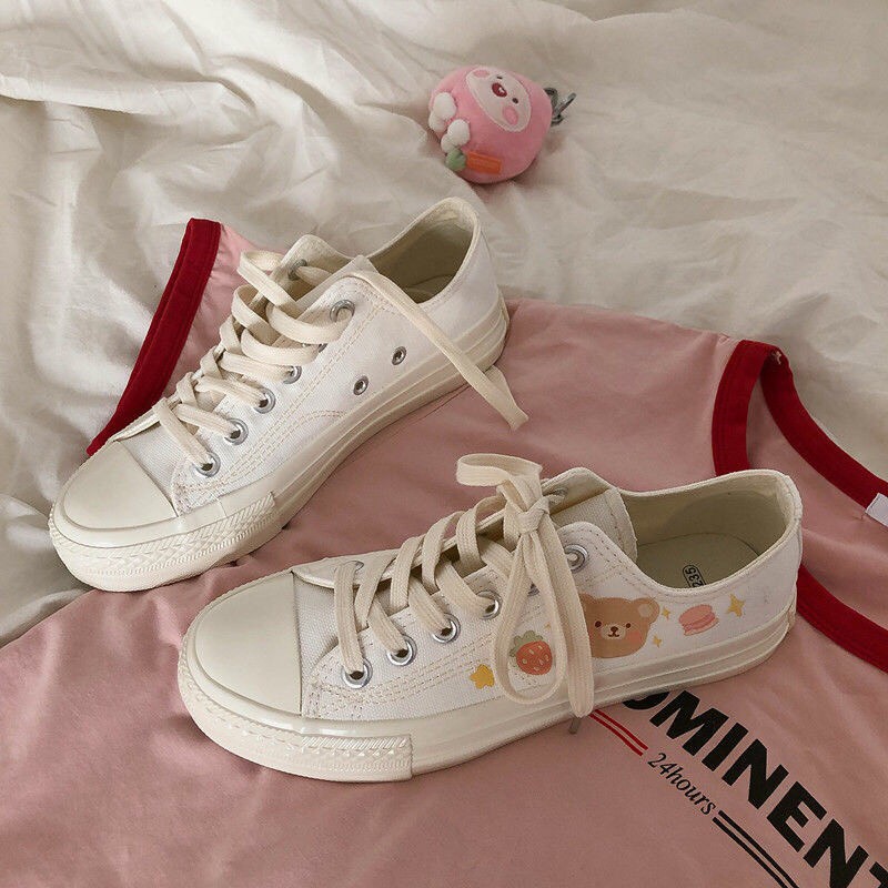 [ SẴN ] Giày Cao Cổ họa Tiết Hình Gấu Dễ Thương/ Sneaker Vải Trắng Basic Đơn Giản Đáng Yêu Kiểu Dáng Học Sinh G00013 | BigBuy360 - bigbuy360.vn