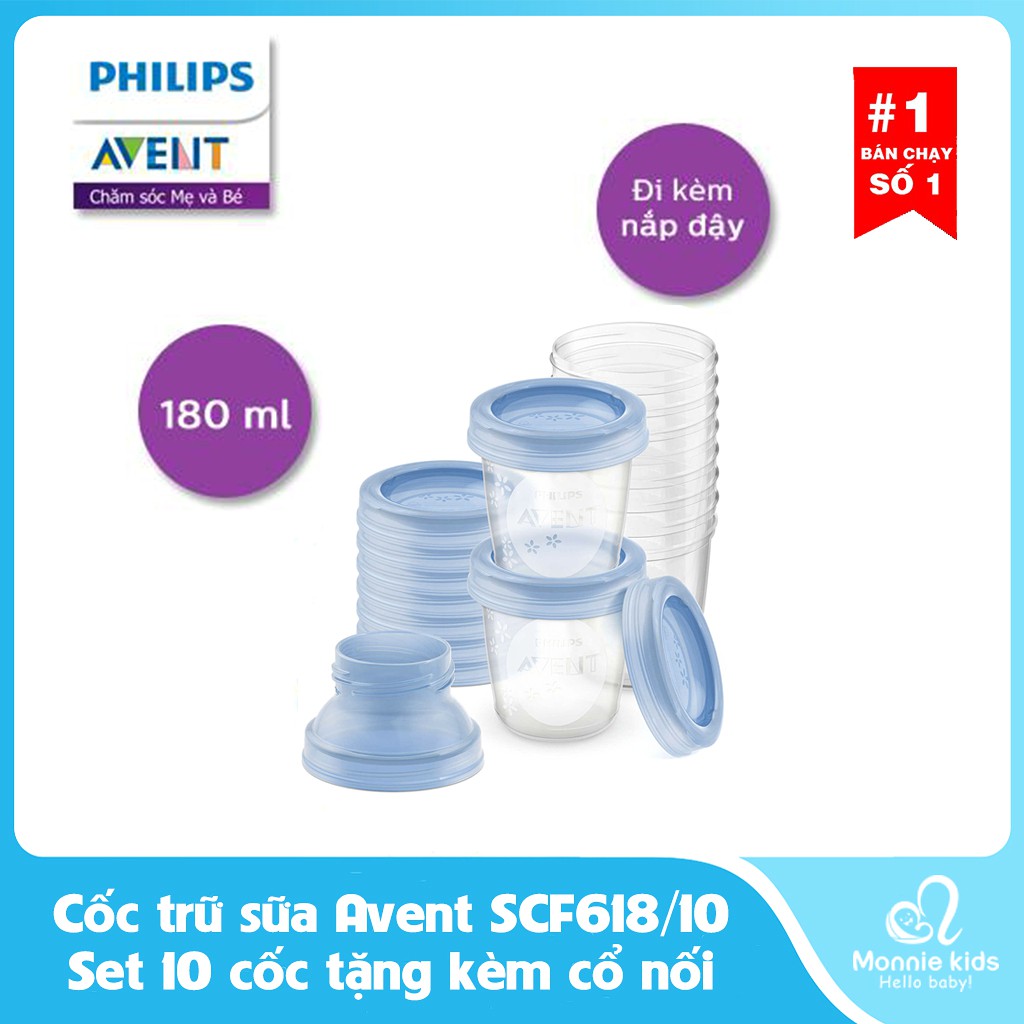 Set 10 Cốc Trữ Sữa Avent Có Nắp Đậy Tặng Kèm Cổ Nối Bình (180ml)