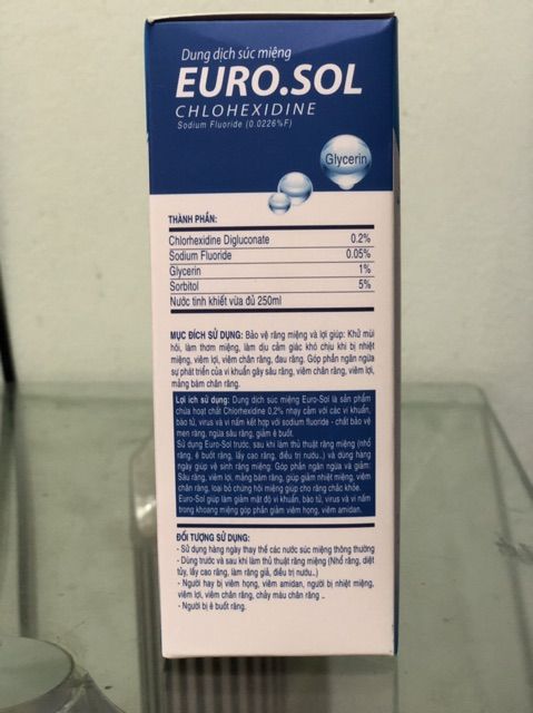 Nước súc miệng Chlohexidin diệt khuẩn Euro. Sol  250ml