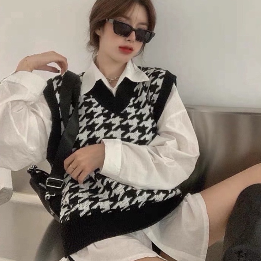 Áo gile len kẻ caro,áo ghile nữ họa tiết zizax hàng đẹp Quảng Châu A491 Noiyxanh nội y xanh chất len quảng châu