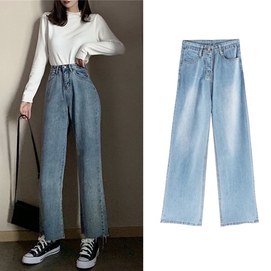 Quần jean nữ ống rộng lưng cao, bò suông phong cách thời trang Hàn Quốc dài quần 90cm